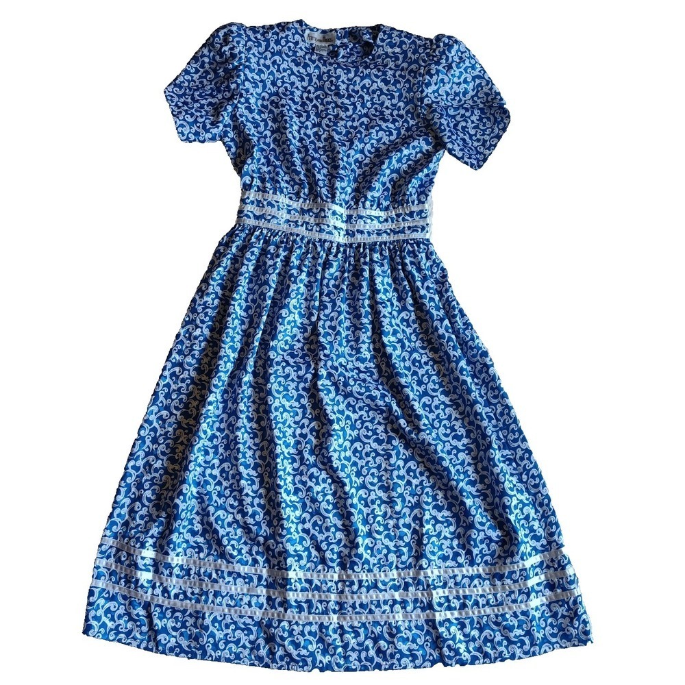 Vintage Size 8 Petites for Maggy Blue White Dress Striped Waist Hem 80s Office